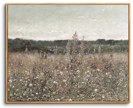 hyidecorart Vintage Leinwand Bilder mit Rahmen Holz, 60x90 cm Wandbilder Wohnzimmer Bunt Blume Wiese Bild Aesthetic, Wanddeko Schlafzimmer Gemälde Badezimmer Kunst Büro Zimmer Esszimmer