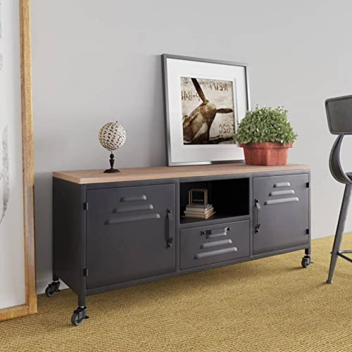 Mengtu Mobili Mobile TV Nero 110x30x43cm in Ferro e Legno Massello di Abete, Mobile Porta TV, Mobiletto Basso per TV Tavolino da Salotto Supporto TV per Soggiorno Decorazione da Mobili Camera