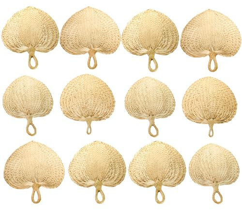 WRINGKIT 12 Pieces Natural Raffia Fans, Handmade Wedding Raffia Fans, Farmhouse Palm Leaf Hand Weaving Fan Boho Fans for Guest, Wedding Favors, Couple, Summer Cooling, Wall Decor
