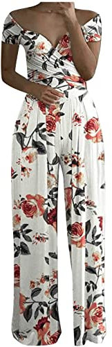 Summer Playsuits for Women Elegant Off The Shoulder with Sleeve Jumpsuits Dressy V Neck High Waisted Rompers Loose Fit Floral Print Wide Leg One Piece Jumpsuit for Party/Vacation