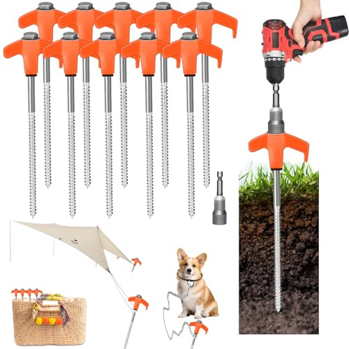 20 Pack 8 Inch Screw-in Tent Pegs with Hex Driver & Storage Case – High-Visibility Orange Camping Pegs for All Terrains, Extra Grip & Easy Removal