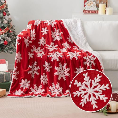 MIULEE Kuscheldecke Weihnachts Sherpa Decke Warme Lammdecke Wohndecke Davidshirsch Weihnachtsbaum Schneeflocken Muster Sofadecke Dicke Tagesdecke Couchdecke Überwürfe für Sofa Bett 150x200 cm Rot-C