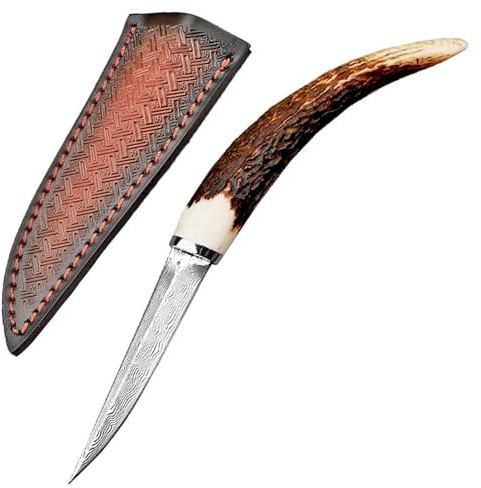 Gerade Festes messer mit lederScheide | Feststehend, Musterstahl, Rutschfest, Geweih, Neck Knife