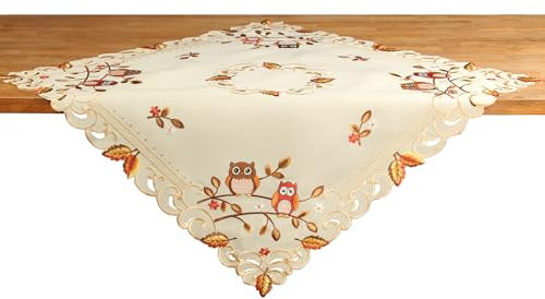 HanaQi Bestickte Eulendecke mit Herbstblätter-Design - 100% Polyester, Dekorative Spitzenausschnitte, 85 x 85 cm Quadratisch (85 X 85 cm)