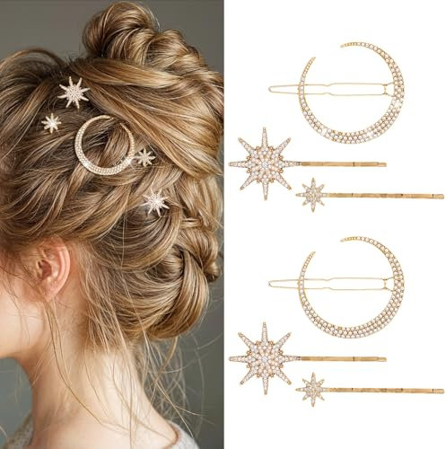 AOZUO 6 Stück Stern Metall Haarspangen Mädchen, Stern Mond Metall Haarspangen mit Strasssteinen, Haarnadeln für Braut und Hochzeit, Haar-Accessoires für Frauen und Mädchen(gold)