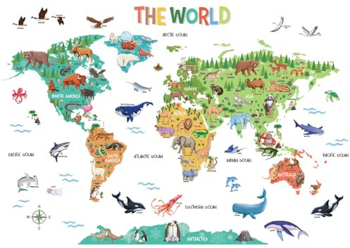 DECOWALL SG2-2423 Animal World Map (Large 108cm x 75cm) Kids Wall Stickers Animals Decals Removable for Nursery Bedroom Living Room Art mural Decoration