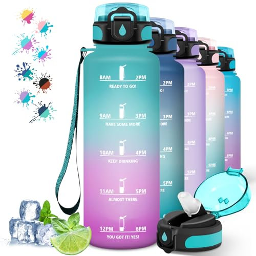 Botella Agua, Botella 1 5 litros, Botella Agua Deporte con Pajita, a Prueba de Fugas, Botella Reutilizable con Marca de Tiempo, Cantimplora para Senderismo, Correr, Ciclismo, Acampar, Verde rosa