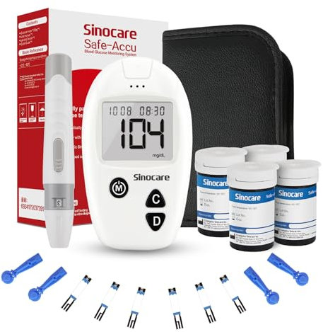 sinocare Glucómetro, Medidora Glucosa en Sangre,100 Tiras Dispositivo de Punción, Resultado Exacto - mg/dL (Safe Accu)