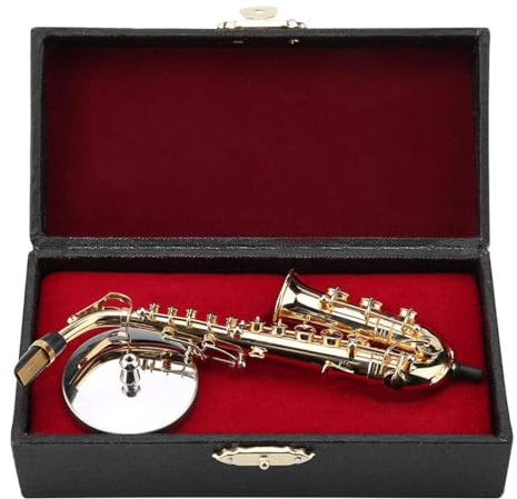 Laroal Miniatura sassofono contralto modello decorativo in ottone placcato oro mini sassofono per amanti della musica con supporto e custodia replica da collezione