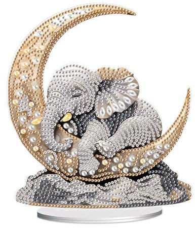 JISHSHAY Diamond Art Desk Ornaments Diamond Painting Desktop Decoration Gem Art Table Top Decorations Gem Painting Table Ornaments Mosaic Kits for Adults Desk Top with Special Shape Moon Elephant