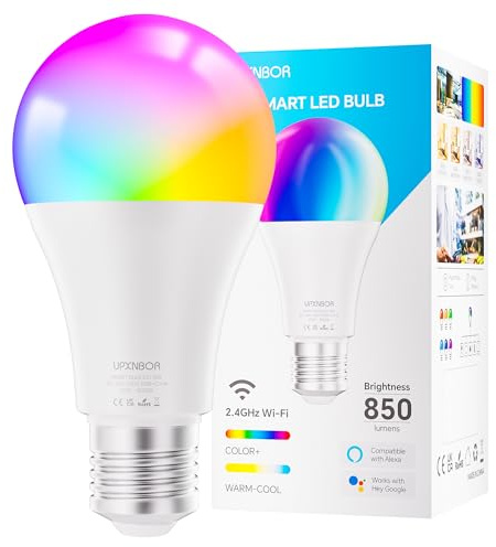 UPXNBOR Smarte Glühbirne E27, 9W, WLAN LED Lampe RGBWW Dimmbare mit 16 Millionen Farben, 850LM, Smart Home Alexa Zubehör, Kompatibel mit Alexa & Google Assistant, 2.4GHz, 1 Stück