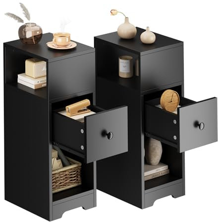 Dripex Slim Bedside Table, Set of 2 Narrow Bedside Cabinet with Storage Drawer, Wooden End Table Space Saving, 4 Tier Nightstand for Bedroom, Living Room, Balcony or Office (Black)