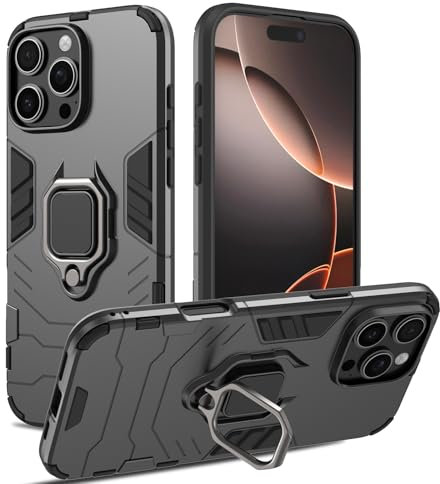 Case for iPhone 16 Pro Max, Shockproof Cover with 360° Metal Ring Stand, Anti-Scratch Hard Protective Case, Full Body Bumper Case with Camera Protection (Black)