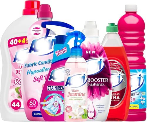 7 Piece Pink Spanish Cleaning Products Bundle Giftset Air Freshener 400ml, Floor Cleaner 1L, Fabric Softener 60W, Laundry Detergent, Washing Up Liquid, Stain Remover, Scent Booster – Home Cleaning Set
