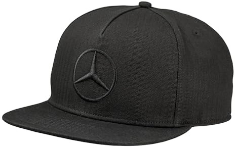 Mercedes-Benz Unisex Flat Brim Cap, Schwarz, Größenverstellbar, Bio-Baumwolle, Fischgrätmuster mit Mercedes Stern, Snapback-Verschluss