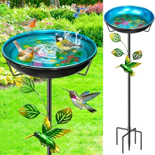 Metall-Vogeltränke für den Außenbereich, Vintage-Vogeltränke mit Abnehmbarer Futterwanne, leicht zu reinigender Vogelfuttertrichter für den Garten Hof und Rasen als Dekoration (Blue)