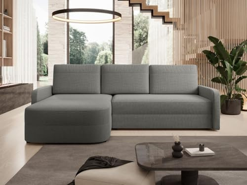 GRAINGOLD Arvento Ecksofa mit Schlaffunktion und Bettfunktion, 250x170 cm, L-Form Sofa, Schlafcouch für Wohnzimmer, Chenille-Stoff, 3-Sitzer Eckcouch, Ecksofa mit Stauraum (Grau)