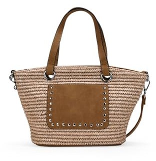 BOSANOVA Bolso Tipo capazo Mini para Mujer en Rafia con Bolsillo Frontal con tachas, Doble asa de Mano y asa de Cruzar extraíble. Cierre con Cremallera. Tostado U