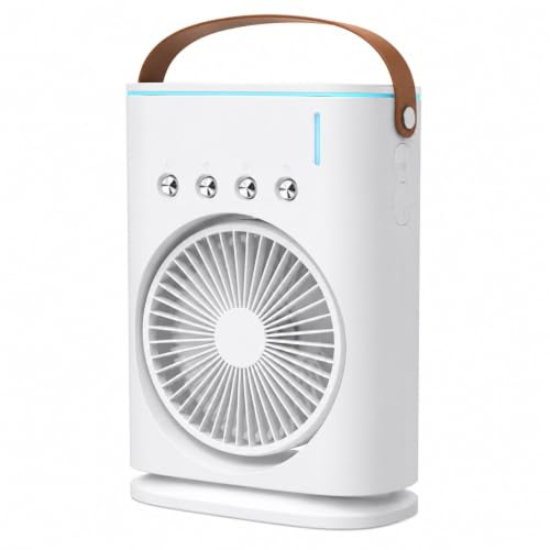 Ventilador de Mesa Portátil 8W, Ventilador Recargable con Humidificador, Depósito de Agua 350 ml, 3 Velocidades, Luz LED, Ajuste Multiángulo 90°, Bajo Ruido, Asa de Transporte, USB Tipo C, Blanco