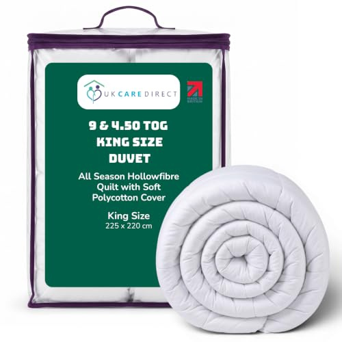 UK Care Direct Hotel Style 9 & 4.5 Tog Kingsize Duvet - All Seasons Quilt Soft Hollowfibre Filling - Bounce Back Comforter Lightweight Warm Winter Cool Summer Machine Washable Bedding - (225x220cm)