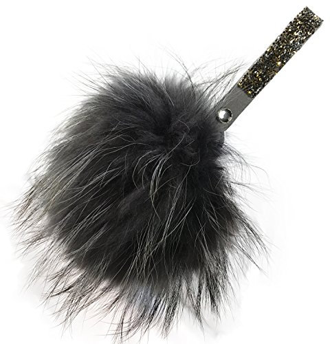 Realkontor XXL Taschenanhänger mit Strass-Stein-Band, Schlüsselanhänger Bommel Pelzbommel Pompon Pelz Fell Echtpelz, Anthrazit, XXL 16-20 cm Durchmesser