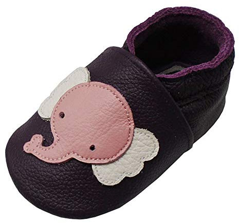YALION Baby Weiche Leder Lauflernschuhe Krabbelschuhe Hausschuhe Lederpuschen Elefant (EU 22/23=L, Dunkelviolett)