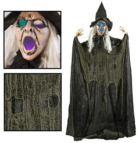 Prextex Life Size Hanging Flying Witch - Scary Halloween Decoration with Glowing LED Eyes & Mouth - Outdoor & Indoor Use