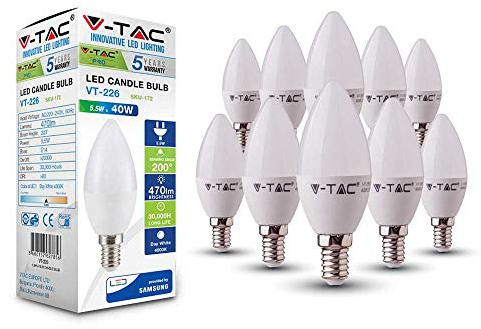 V-TAC 5.5W (40W) LED lampadina a candela con Samsung LED E14 SES (piccola vite Edison) 4000 Kelvin bianco da giorno non dimmerabile confezione da 10