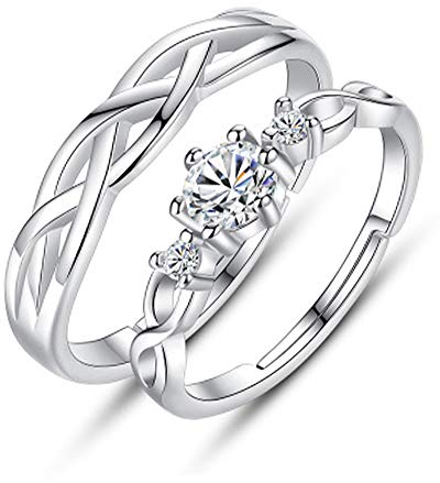 2 Stück Sterling Silber Ring für Frauen, Männer und Mädchen-Einstellbare Paar Ring mit Zirkonia Wave Shaped Eheringe Eheringe Weiße Ringe Valentinstagsgeschenke