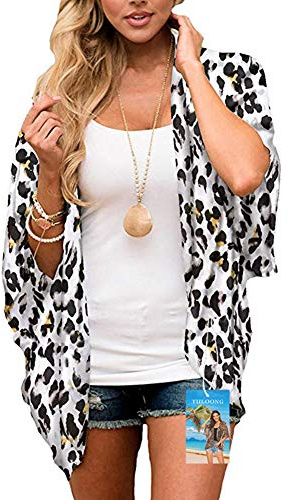 YULOONG Damenmode Bademode Vertuschung Chiffon Blumendruck Kimono Lose Schal Strickjacke Sommer Bluse Bademode Capes, Kuh-muster, XL