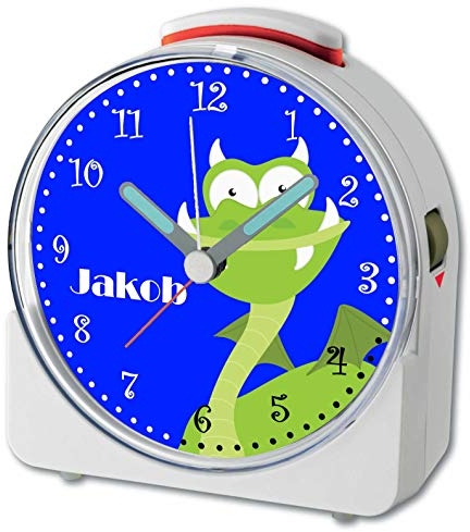 CreaDesign, WU-71-1103, Drache grün, analog Kinderwecker weiß, Funkwecker mit Sweep-Uhrwerk und fluoreszierenden Zeiger und Licht, personlisiert mit Namen, 10,2 x 4,6 x 11 cm