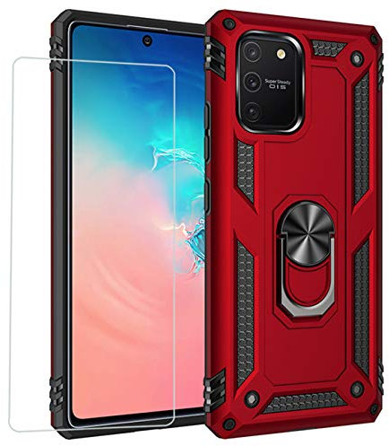 Joytag Hülle für Samsung S10 Lite 2020 handyHülle+ panzerglasfolie Silikon TPU 360 Grad Drehring aus Halter magnetisch Autotelefon case-Rote