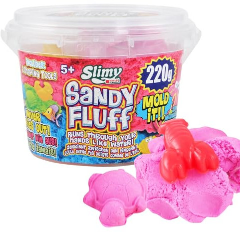 Slimy Sandy Fluff 220 g di sabbia rosa – Sabbia Slime originale per bambini, massa magica da gioco con secchio e due forme, plastilina elastica (giocattolo dai 3 anni)