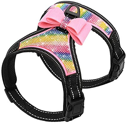 Beirui Hundegeschirr mit Strasssteinen, reflektierend, glitzernd, Nylon, mit glitzernder Fliege, für kleine, mittelgroße und große Hunde, zum Spazierengehen, Party, Hochzeit, Rosa mit Strasssteinen