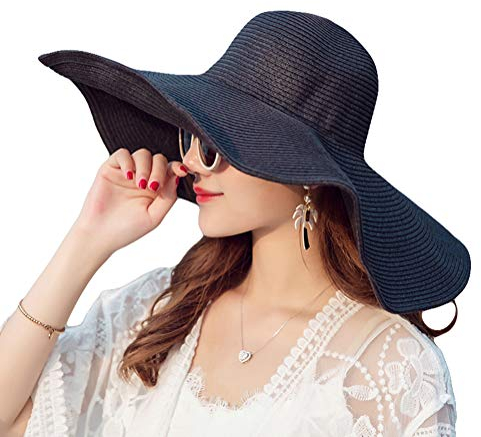 Chapeau de soleil pour femme - Chapeau de paille à large bord pliable - Chapeau de plage à grand bord - Chapeau d'été (noir), Noir , 23