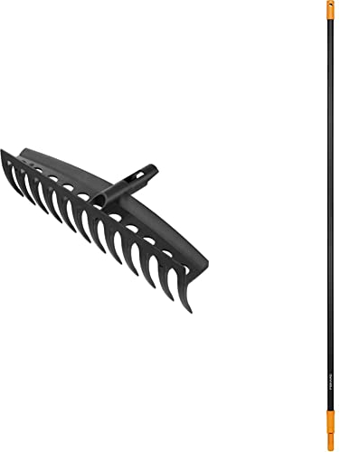 Fiskars Set mit Stiel und wechselbarem Rechen-Kopf, Solid, Mit 12 Kunststoff-Zinken, Länge (Stiel) 157,5 cm (L), Breite: 41 cm, Aluminium, Schwarz/Orange, 1014913 und 1014917