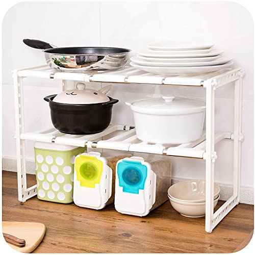 HUOLE Erweiterbares Schrankregal,stapelbarer Küchenthekenregal-Organizer,Küchengewürzregal,Speisekammerregal,verstellbarer Schrank-Organizer,38-70*26*38cm (weiß)