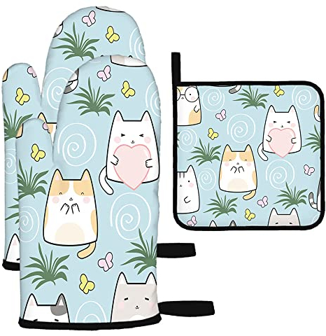 Mxocom Lot de 3 gants de cuisine et maniques en forme de chat mignon pour la cuisine, la pâtisserie, les grillades - Résistants pour femme