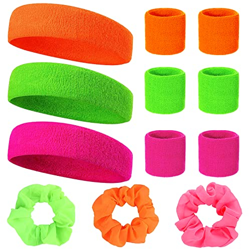 Neon 80er Schweißband Set 9-Teiliges Jahre Schweißband Stirn Schweißband Handgelenk und 3 Stück Schöne Fluoreszierende Farbe Neon Haargummis Retro Party Accessoires Für Damen und Herren in 3 Farben