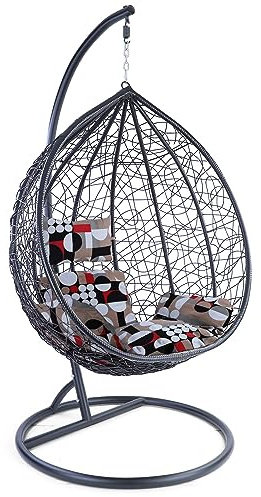 RAMROXX Luxus Hängesessel Miami XXL Polyrattan Korb und Gestell schwarz Kissen Modern