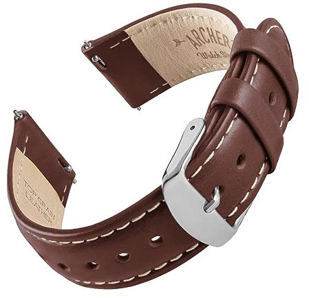 Archer Watch Straps - Uhrenarmbänder mit Schnellverschluss aus Hochwertigem Genarbtem Leder (Mahagoni/Naturweißes Garn, 18mm)