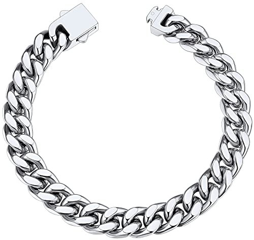 ChainsHouse Cuban Silver Bracelet for Men Women Stainless Steel Chain Bracelets 9mm Curb Link Chains Biker Hip Hop Mens Jewellery
