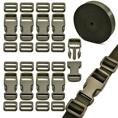 Eviznbou 10M Gurtband 25mm Nylon Gurtband mit 10 Paar Kunststoff Schnallen, 20 Tri-Glide-Schieber für Rucksack Gepäckgurten Tasche Hundehalsband Rucksackersatz (Armeegrün)