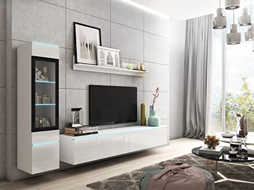 MINIO go for it - Ensemble D'éléments Muraux 3 Pièces Veve 1 I Suspendu Ou Debout I Armoire Haute Vitrine I Lowboard I Panneau Mural I Éclairage LED I Blanc/Blanc Brillant