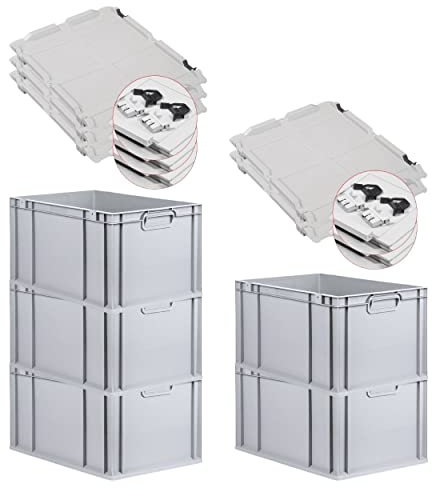 PROREGAL SuperSparSet 5x Eurobox NextGen Grip mit Scharnierdeckel und schwarzen Schiebeschnappverschlüssen, HxBxT 32x40x60cm, 65 L, Grau, Griffe geschlossen, Eurobehälter, Transportbox