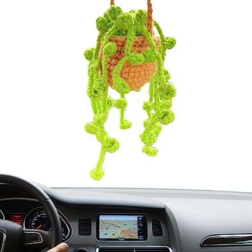 Gehäkelte Hängepflanze fü Auto, Topfpflanzen häkeln, Tragbare handgefertigte gestrickte Rückspiegel-Dekoration für Erwachsene, Frauen, Männer, Pflanzenliebhaber Suphyee