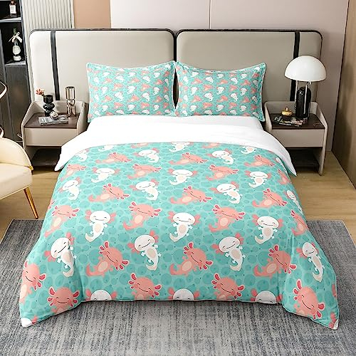 100% Natürliche Baumwolle Nette Axolotl Bettwäsche Set 135x200 Cartoon Axolotl Bettbezug Kawaii Tier Tröster Bezug für Kinder Teens Wildlife Haustier Tier Quilt Cover Schlafzimmer Dekor,Grün