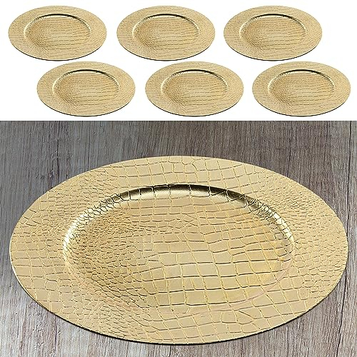 Dekoteller 6er Set Tablett 'Leather' | PVC Gold Ø 33cm | Platzteller in Lederoptik Kerzenteller Tischdekoration