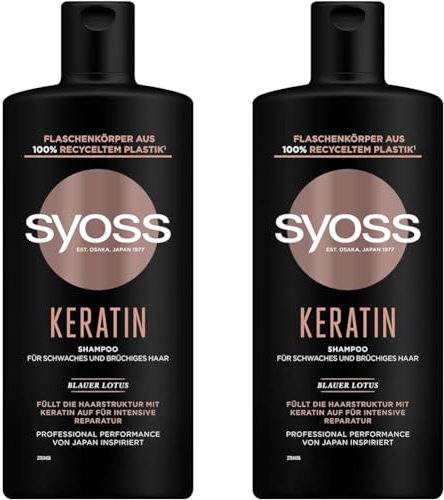 Syoss Shampoo Keratin (440 ml), Haarshampoo für schwaches und brüchiges Haar, füllt und glättet die Haarfaser, Formel mit Blauem Lotus & Amino-Komplex (Packung mit 2)