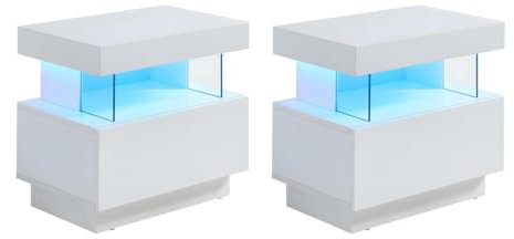 Vente-unique - Lot de 2 Tables de Chevet 1 tiroir et 1 Niche - avec LEDs - MDF - Blanc laqué - Fabio II
